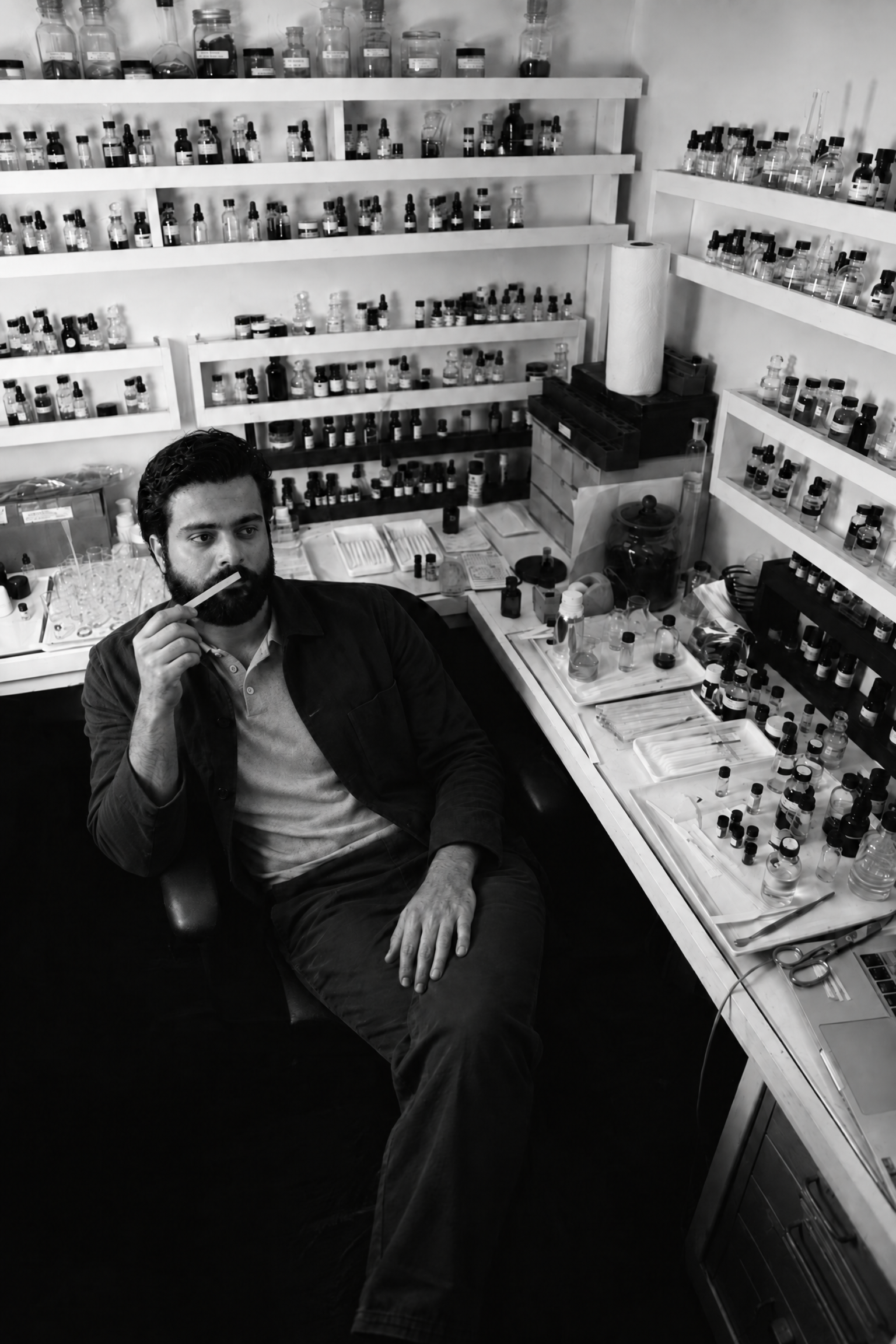 Shazeb Khan exploring a fragrance in his perfumery studio